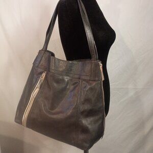 FRYE "Lena" Smooth Black Leather Tote Chunky SIlver ZIppers Detail, 3-Side Open